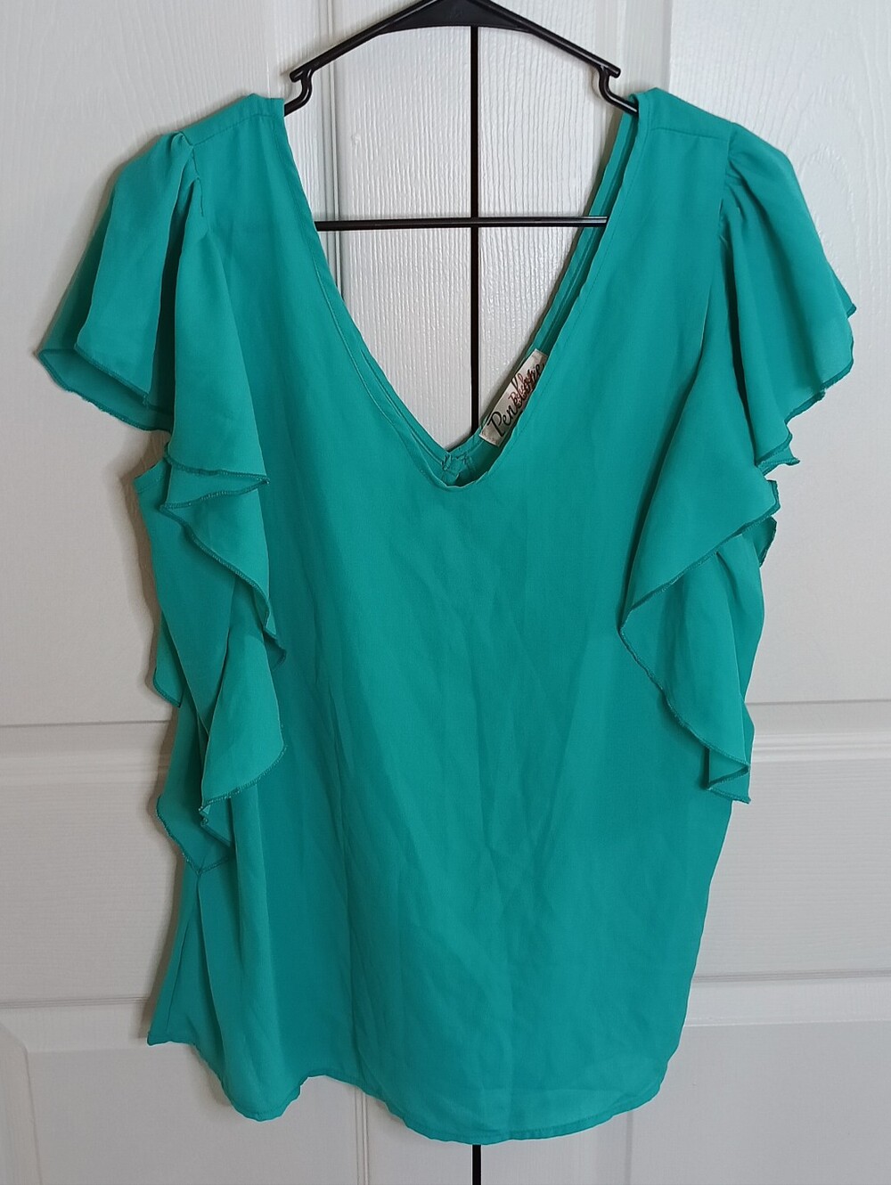 💰 Flutter Sleeve Teal V-Neck Blouse